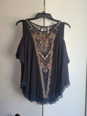Free People One Embroidered Cold Shoulder Top Loose Fit